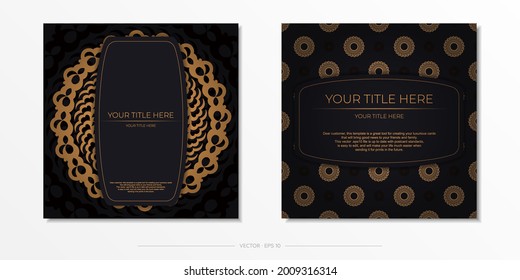 Dark black gold postcard template with white abstract ornament. Elegant and classic elements are great for decorating. Vector illustration.