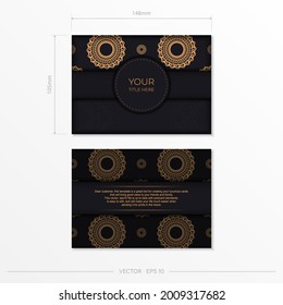 Dark black gold postcard template with white abstract mandala ornament. Elegant and classic elements ready for print and typography. Vector illustration.