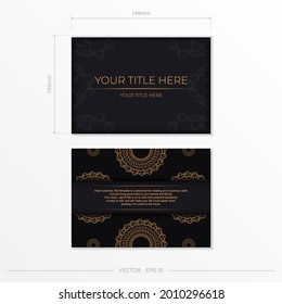 Dark black gold postcard template with white abstract mandala ornament. Elegant and classic vector elements ready for print and typography.