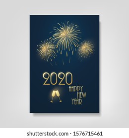 Dark Black and Golden New Year Card Background - Flyer Design with Fireworks - 2020