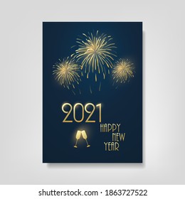 Dark Black and Golden New Year Card Background - Flyer Design with Fireworks - 2021
