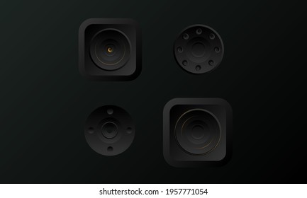 Dark Black Gradient Audio device Volume control buttons on panels Graphic Equilizer Element EQ with speaker symbols with Black Carbon  Background.