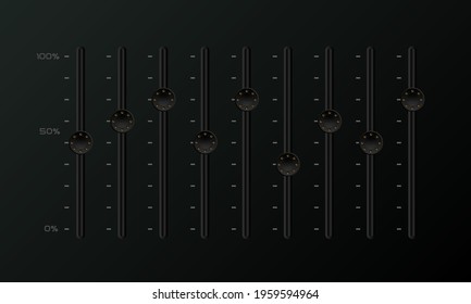 Dark Black Gradient Audio device Volume control sliders on panels Graphic Element EQ with speaker symbols
