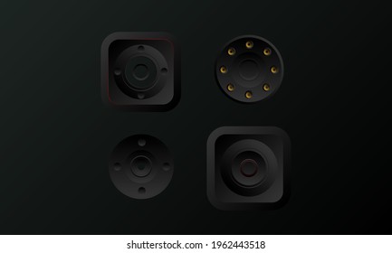 Dark Black Gradient Audio device Volume control buttons on panels Graphic Equilizer Element EQ with speaker symbols with Black Carbon  Background.