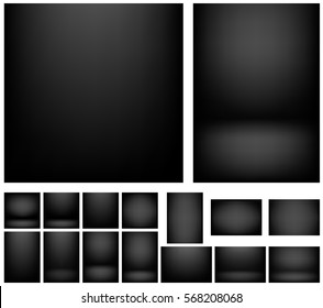 Dark black gradients for creative project backgrounds or product presentation. Vector backdrop set