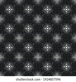 Patrón sin costuras de gris negro oscuro. Antecedentes de vectores étnicos tribales. Tecla griega geométrica, serpentea ornamentos resplandecientes abstractos con cuadrados, símbolos, signos, formas. Textura inagotable. Diseño elegante.