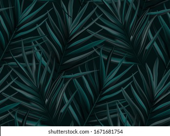 Dark black greenery tropical jungle silhouette seamless realistic palm leaves vector pattern for textile, interior, home, design