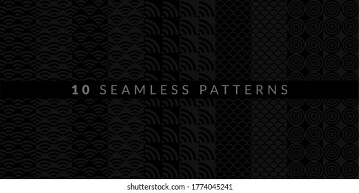 Dark Black And Grey Ten Abstract Geometric Patterns Set. Vector illustration