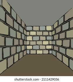 Dark black hand drawn inside view old house ceil tile maze angle box place scene sky text space backdrop. No hope scary lost doom trouble crisis restrict trap ban icon sign idea white sketch retro art