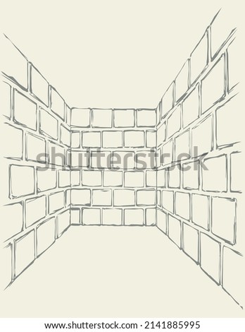 Dark black hand drawn inside view old house ceil tile maze angle box place scene sky text space backdrop. No hope scary lost doom trouble crisis restrict trap ban icon sign idea white sketch retro art