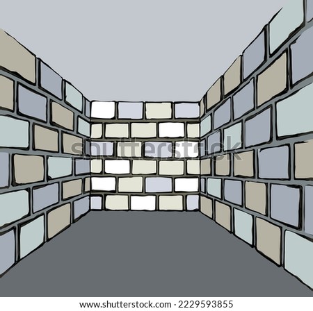 Dark black hand drawn inside view old house ceil tile maze angle box place scene sky text space backdrop. No hope scary lost doom trouble crisis restrict trap ban icon sign idea white sketch retro art