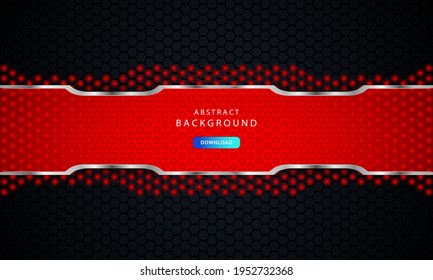Dark black hexagon background. Hexagon Texture with red and silver list decoration.