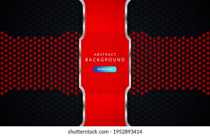 Dark black hexagon background. Hexagon Texture with red and silver list decoration.