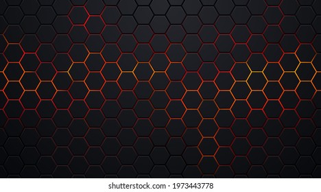 Dark black hexagon pattern red  orange neon abstract background in technology style  Modern futuristic geometric shape web banner design  You can use for cover template  poster  Vector illustration
