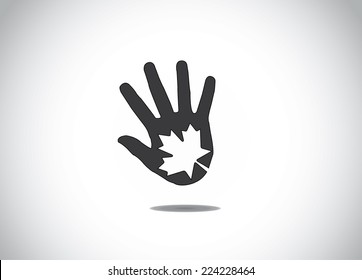 dark black human hand silhouette with maple leaf leaves symbol in the middle abstract art