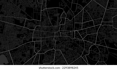 Dark black Indore city area vector background map, roads and water illustration. Widescreen proportion, digital flat design roadmap.