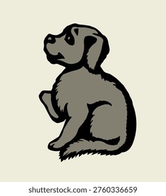 Dark black ink hand drawn wild sad guilty head fluffy furry tail rise paw relax fun glad hope rest nature old doodle contur art style Close up side view pretty brown guard logo emblem white home floor
