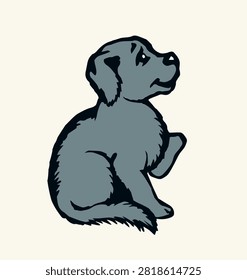 Dark black ink hand drawn wild sad guilty head fluffy furry tail rise paw relax fun glad hope rest nature old doodle contur art style Close up side view pretty brown guard logo emblem white home floor