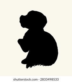 Dark black ink hand drawn wild sad guilty head fluffy furry tail rise paw relax fun glad hope rest nature old doodle contur art style Close up side view pretty brown guard logo emblem white home floor