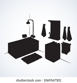 Dark black ink vintage hand drawn simple spa relax indoor object element set. Flat logo emblem sign pictogram design concept. Art retro engraving contour print style text space on white wall backdrop