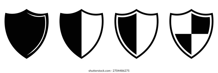 Iconos aislados negros oscuros del escudo de seguridad fijados en el fondo blanco. Iconos de marca de silueta de verificación de privacidad. Colección de los iconos de cheques negros de la insignia. EPS 10. 