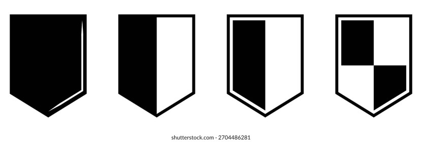 Ícones isolados de escudo de segurança preto escuro definidos no fundo branco. Ícones de marca de silhueta de verificação de privacidade. Coleção de ícones de verificação de preto de emblema. EPS 10. 