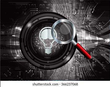 Dark black Light Abstract Technology background for computer graphic website internet business,circuit, vector illustration, infographics, motion, neon. Brainstorm, brain, bulb Ideas.  Magnifier glass