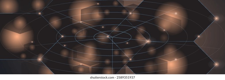 Dark black and light  horizontal hexagonal technology abstract vector background. Red bright energy flashes under the hexagon in a wide banner of futuristic modern technology. vector