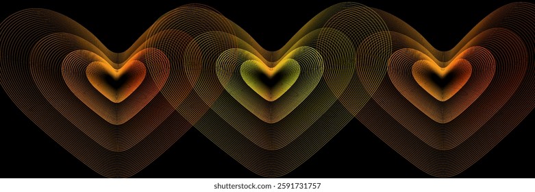 Dark black love abstract background with colorful glowing lines. Shiny gradient lines design elements. Modern futuristic technology concept. Suit for brochure, website, poster, banner, cover. Vector