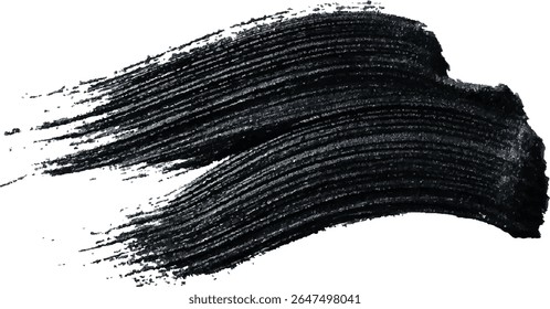 Um traçado de pincel de rímel preto escuro com um padrão de espiral texturizado contra um fundo branco. O traço é grosso e brilhante.
