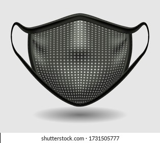 Dark, black medical mask with perforation from coronavirus covid-19. Reusable alternative to disposable mask. 3D realistic illustration. Isolated on a light background, vector