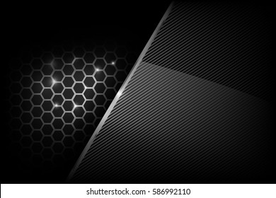 Dark and black with metal honeycomb pattern overlaps and layered and cabon fiber texture vector illustration eps 10