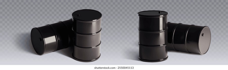 Dark black metal oil barrel on transparent background. Realistic 3d vector illustration set of standing and lying drum for chemical liquids or fuel. Mockup of steel container for gasoline storage.