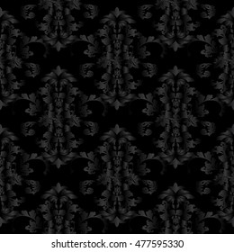 Dark black modern baroque damask  vector seamless pattern wallpaper with elegant stylish antique black volumetric ornament on the red purple background. Luxury endless texture with 3d decor elements.