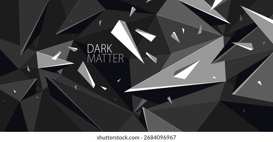 Fondo abstracto poligonal monocromático negro oscuro de la escala de grises con la superficie triangular 3D y las partículas de escombros que vuelan en movimiento, abstracción de la fuerza de la explosión.