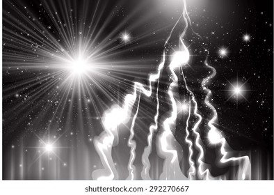 Dark black Night sky with stars and nebula. lightning flash strike background. bolt, thunderbolt. thunder