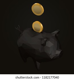 Dark black piggy bank and coins. Income and taxes concept