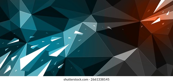 Dark black polygonal abstract background with color hot spotlights, 3D triangular surface and flying debris particles in motion, explosion force abstraction.