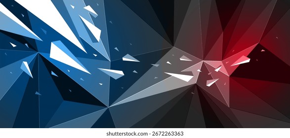 Fondo abstracto poligonal negro oscuro con focos calientes de color, superficie triangular 3D y partículas de escombros voladores en movimiento, abstracción de la fuerza de explosión.