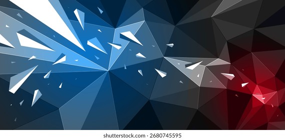 Fondo abstracto poligonal negro oscuro con focos calientes de color, superficie triangular 3D y partículas de escombros voladores en movimiento, abstracción de la fuerza de explosión.