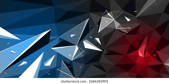 Fundo abstrato poligonal preto escuro com holofotes coloridos, superfície triangular 3D e partículas de detritos voadores em movimento, abstração de força de explosão.