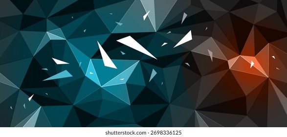 Fondo abstracto poligonal negro oscuro con focos calientes de color, superficie triangular 3D y partículas de escombros voladores en movimiento, abstracción de la fuerza de explosión.