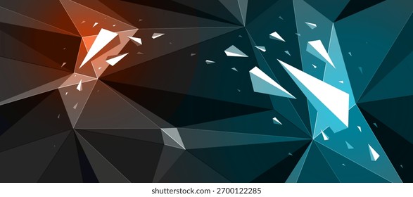 Fondo abstracto poligonal negro oscuro con focos calientes de color, superficie triangular 3D y partículas de escombros voladores en movimiento, abstracción de la fuerza de explosión.
