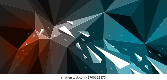 Fondo abstracto poligonal negro oscuro con focos calientes de color, superficie triangular 3D y partículas de escombros voladores en movimiento, abstracción de la fuerza de explosión.