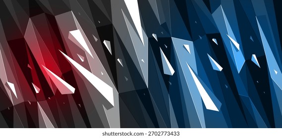 Fondo abstracto poligonal negro oscuro con focos calientes de color, superficie triangular 3D y partículas de escombros voladores en movimiento, abstracción de la fuerza de explosión.