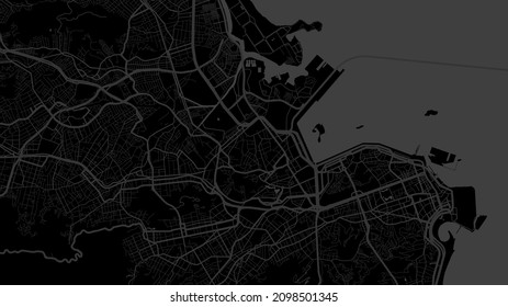 Dark black Rio de Janeiro City area vector background map, streets and water cartography illustration. Widescreen proportion, digital flat design streetmap.