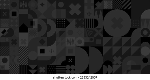 Dark Black Seamless Abstract Vector Bauhaus Geometric Pattern Design Background 
