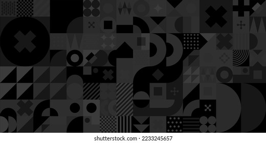 Dark Black Seamless Abstract Vector Bauhaus Geometric Pattern Design Background 