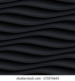 Dark black seamless texture. Wavy background. Interior wall decoration. 3D Vector interior wall panel pattern. Modern wavy black design wall. 