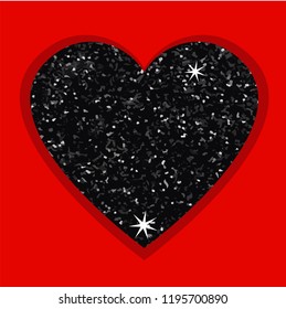 Dark black shiny glitter heart on red background. Happy Valentine's Day